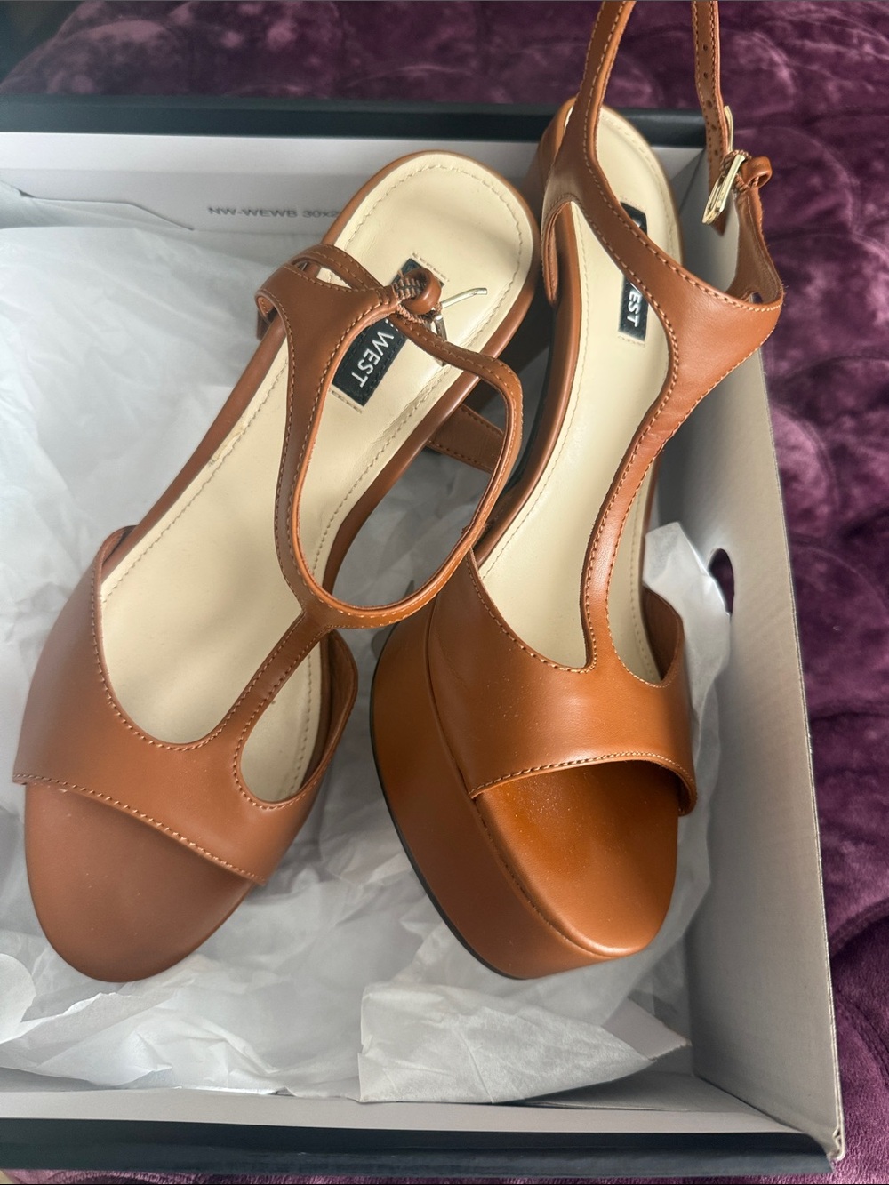 Nine West Cognac Brown Platform Block Heel Sandals - Picture 8 of 11